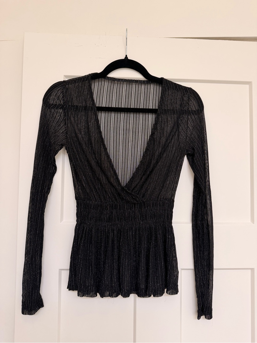 Deep V Metallic Sheer Long Sleeve Top — Black/Silver